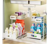 Delamu 2 Pack Metal Under Sink Storage Bathroom, 2 Tier Pull Out Under Sink Organiser with 2 Small Baskets, Adjustable Under Sink Shelf for Cupboard Organiser, Kitchen Storage & Organisation, White