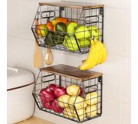 Delamu 2 Pack Stackable Fruit Basket, Pantry Organizer and Storage with Wood Top, Kitchen Counter, Under Sink Organizing for Onion ＆ Potato Metal Storage Baskets, 11.8" D x 8.1" W x 8.7" H, Black