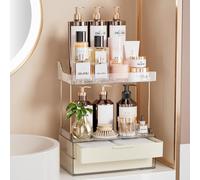 Delamu 2-Tier 2-Drawer Bathroom Organizer Countertop, Multi-Purpose Makeup Organizer Countertop, Large Skincare Organizers, Exquisite Vanity Organizer, Cream White