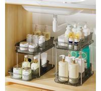 Delamu 2-Tier Under Sink Organisers and Storage, Multi-Purpose Stackable Bathroom Cabinet organisers, Pull Out Kitchen Pantry Organisation and Storage with Dividers(2 Pack, Grey)
