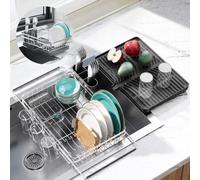Delamu Expandable Dish Drainer Rack with Draining Board for Kitchen Counter | 3-in-1 Design Stainless Steel Dish Rack with Cup & Utensil Holder, Small Dish Drying Rack for 16"-22" Kitchen Sink, Black