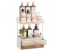 Delamu Makeup Organiser, 2 Tier 2 Drawer Large Cosmetic Storage, Multi-Purpose Vanity Organizer for Makeup Brushes, Skincare, Perfume, Amber