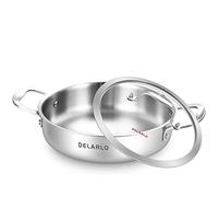 DELARLO Tri-Ply Stainless Steel 10 Inch Frying Pan 3QT Saute Pan With Lid Kitchen Skillets Induction Compatible Chef Cooking Pan Dishwasher & Oven Safe, Silver