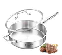 DELARLO Tri-Ply Stainless Steel Saute Pan With Lid 5.5QT,12.3Inch Deep Frying pan,Induction Large Skillet,Jumbo Cooker,Efficent Fast Even Heating Cooking Pan Dishwasher and Oven Safe