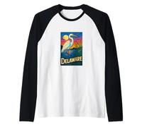 Delaware Egret Vintage Coastal Wildlife Sunset Scene Raglan Baseball Tee