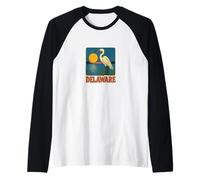 Delaware Egret Vintage Coastal Wildlife Sunset Scene Raglan Baseball Tee