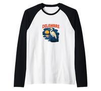 Delaware Egret Vintage Coastal Wildlife Sunset Scene Raglan Baseball Tee