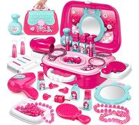 Delex Pretend Play Makeup Set Role Play Jewellery Kit for Girls Toy Set 2 in 1 Princess Pink Vanity Dressing Table Mini Carry Case Portable with Accessories