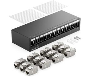 deleyCON 12 Port Patch Panel Set Patch Field Distribution Panel 1HE + 4x RJ45 Keystone Jack Modules STP CAT6a Compatible with CAT5 CAT6 CAT7 Installation Cable Network Cable Ethernet LAN DSL - Black