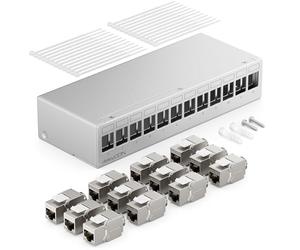 deleyCON 12 Port Patch Panel Set Patch Field Distribution Panel 1HE + 4x RJ45 Keystone Jack Modules STP CAT6a Compatible with CAT5 CAT6 CAT7 Installation Cable Network Cable Ethernet LAN DSL - Grey