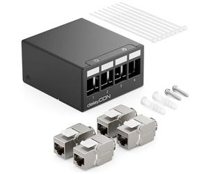 deleyCON 4 Port Patch Panel Set Patch Field Distribution Panel 1HE + 4x RJ45 Keystone Jack Modules STP CAT6a Compatible with CAT5 CAT6 CAT7 Installation Cable Network Cable Ethernet LAN DSL - Black