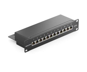 deleyCON CAT6 Network Panel 12-Port Desktop 10-Inch Rack Integration Server Mounting Shielded 12x RJ45 Ports TIA568A TIA568B - Black