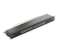 deleyCON CAT6a 16-Port Network Panel Desktop 19-Inch Rack Integration Server Mounting Shielded 16x RJ45 Ports TIA568A TIA568B - Black