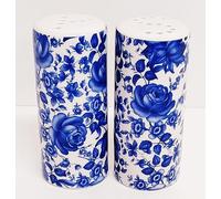 Delft Blue Salt & Pepper Set Round Porcelain Blue Flowers Floral Pots Hand Decorated UK