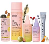 Delhicious Best Sellers Starter Kit - Dry Skin, Hair Loss & Scalp Relief - Shea Butter Balm, Hair Growth Oil & Shampoo, Face Oil Drops, Dry Scalp Balm - Ayurveda Skincare - Vegan, Natural, 5-Piece Set