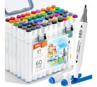 deli 60 Colours Dual Tip Alcohol Markers Set, Art Pens with Fine & Chisel Nibs, Permanent Alcohol-Based Colouring Markers in Portable Plastic Case, Drawing Pens for Adults, Hobbyists & Students