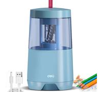 deli Electric Pencil Sharpener Blue, USB & Battery Operated, Heavy Duty Helical Blade, Auto Lead Jam Release, 6-8mm Pencils, Large Shavings Container, Safety Design