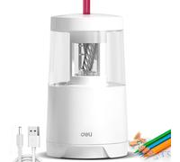 deli Electric Pencil Sharpener White, USB & Battery Operated, Heavy Duty Helical Blade, Auto Lead Jam Release, 6-8mm Pencils, Large Shavings Container, Safety Design