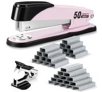 deli Heavy Duty Stapler 50 Sheets, 24/6 & 24/8 Staples, Rotating Anvil Temporary & Permanent Stapling, 150 Staples Capacity, Metal Stapler with 2000 Staples & Remover, Office Use, Pink