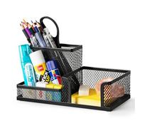 deli Mesh Desk Organizer Office Supplies Caddy with Pencil Holder and Storage Baskets for Desktop Accessories, 3 Compartments, Black