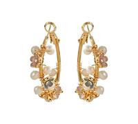 Delicate Blue Pink Flower Pearl Hoop Earrings for Women - 14K Gold Plated CZ Crystal Huggies with Sterling Silver Posts, Hypoallergenic Wedding Party Everyday Floral Jewellery