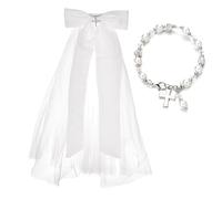 Delicate Dew Girls 2Pcs First Holy Communion Veil White Bow Hair Comb Crystal Cross Wedding Headpiece Bracelet Set, One Size, Nylon