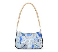 Delicate Feathers Blue White Designer Handbag Womens Aesthetic Shoulder Bag Zipper Casual Purse Hobo with Chain Strap