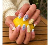 Delicate Floral Citrus Artificial Nail Tips - Medium Length French Glossy Acrylic Set with Blue Flower Patterns Rhinestone Centres Yellow Citrus Slices for Summer Events Casual Outings