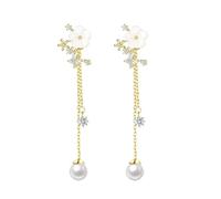 Delicate Flower Design Dangle Earrings with Simulated Pearl Chain Bridal Jewelry Bridal Cz Crystal Earrings in Shiny Gold or Silver Finish