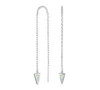 Delicate Minimalist Arrow Inverted Triangle Shaped Gemstone White Iridescent Created Opal Inlay Long Chain Dangle Threader Earrings For Women Teens .925 Sterling Silver