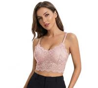 Delicate Pink Floral Lace Camisole Top with Removable Padding - Soft Wire-Free Bralette, Adjustable Spaghetti Strap V-Neck Cami for Women, Seamless Layering Vest, Comfortable Form-Fitting