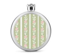 Delicate Pink Rose and Leaf Motif on Stripe Stainless Steel Hip Flask for Liquor, Round Pocket Portable Wine Flask for Drink 5 Oz