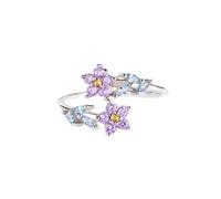 Delicate Purple Diamonds Flower Rings, Crystal Flower Open Rings, Adjustable Fashion Jewelry Gift for Women (Silver)