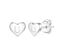 Delicate S925 Silver Heart Pendant Earrings Gift 26 Letter Initial A-Z Stud Erarrings For Women Girls Mum Daughter Sisters Friends Lover Birthday Christmas Party Silver Jewellery (U)