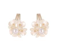 Delicate Shell Flower Pearl Stud Earrings for Women Girls Dainty 925 Sterling Silver Post 14K Gold Plated CZ Crystal Bar Hypoallergenic Studs Statement Wedding Party Valentines Day Gift Her