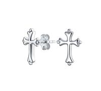 Delicate Simple Fleur De Lis Cross Stud Earrings: Minimalist Religious Jewelry for Women Teens, Communion Gift, Polished .925 Sterling Silver