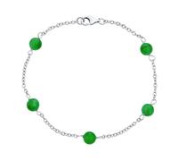 Delicate Simple Genuine Gemstone Green Jade Chain Round Ball Bead Tin Cup Bracelet For Women .925 Sterling Silver 7.5 Inch