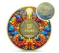 Delicate Sunflower 14 Year Sobriety Coin - 14 Year Recovery Butterfly AA Coins - One Day at A Time NA HA AA Chips and Medallions - 1-40 Years Living Clean Alcoholics Anonymous Gifts for Men Women