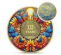 Delicate Sunflower 21 Year Sobriety Coin - 21 Year Recovery Butterfly AA Coins - One Day at A Time NA HA AA Chips and Medallions - 1-40 Years Living Clean Alcoholics Anonymous Gifts for Men Women