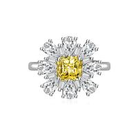 Delicate Sunflower Cubic Zirconia Wedding Ring Square Cut Simulated Diamond Engagement Band for Women 925 Silver Pink Ruby Topaz Sapphire Anniversary Eternal Promise Open Adjustable Ring（Green)