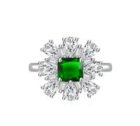 Delicate Sunflower Cubic Zirconia Wedding Ring Square Cut Simulated Diamond Engagement Band for Women 925 Silver Pink Ruby Topaz Sapphire Anniversary Eternal Promise Open Adjustable Ring（Green)