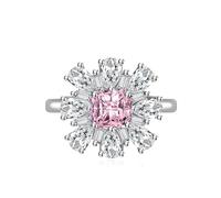 Delicate Sunflower Cubic Zirconia Wedding Ring Square Cut Simulated Diamond Engagement Band for Women 925 Silver Pink Ruby Topaz Sapphire Anniversary Eternal Promise Open Adjustable Ring（Green)