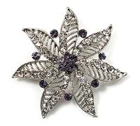 Delicate Violet Diamante Filigree Floral Brooch (Silver Tone)