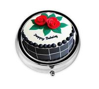 Delicious Cakes Round Mini Pill Box: 3-Compartment Portable Metal Pill Organizer with Snap Closure, Ideal for Daily Travel Use