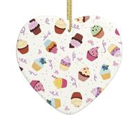 Delicious Cupcakes Christmas Ceramic Heart Ornament,Double-Sided Printed White Porcelain Hanging Decoration With Gold String For Xmas Tree,Home,Shop,Holiday Decor