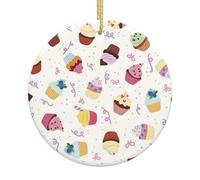 Delicious Cupcakes Double-Sided Printed Christmas Ceramic Round Ornament With Gold Hanging Cord-Festive Holiday Decoration For Home,Store