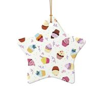 Delicious Cupcakes Print Tree Ceramic Hanging Decor, Christmas Ceramic Star Heart Pendant For Xmas Tree Festive Setup