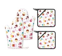 Delicious Cupcakes Printed Kitchen Set with Heat Resistant Oven Mitts & Non-Slip Pot Holders for Baking Grilling