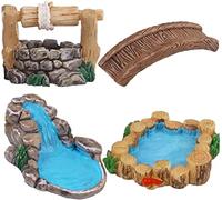DELICK Miniature dolls house kit,4 Pcs Miniature Garden Bridge Water Well Stream Pond Figurines Miniature Garden Ornament for Diy Craft Fairy Garden Decoration