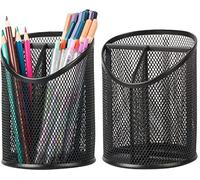 Delifox 2 Pack Pen Holder Mesh Round Pencil Holder Desktop Organizer 3 Compartments, Black